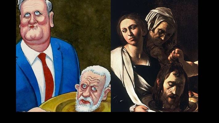 Til venstre: Tegning i The Guardian som viser Jeremy Corbyns hode på et fat. Til høyre: Maleri av Johanns døperens hode på et fat.