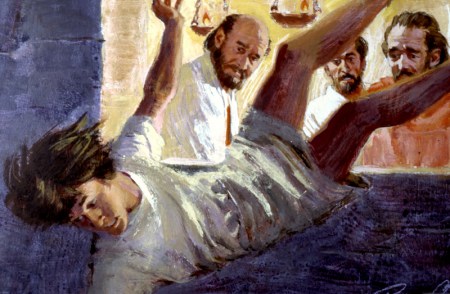 Paulus forkynner hele natten i Troas, helt til en gutt - Eutykus - sovner og faller ut av vinduet (Apostlenes gjerninger 20:9).