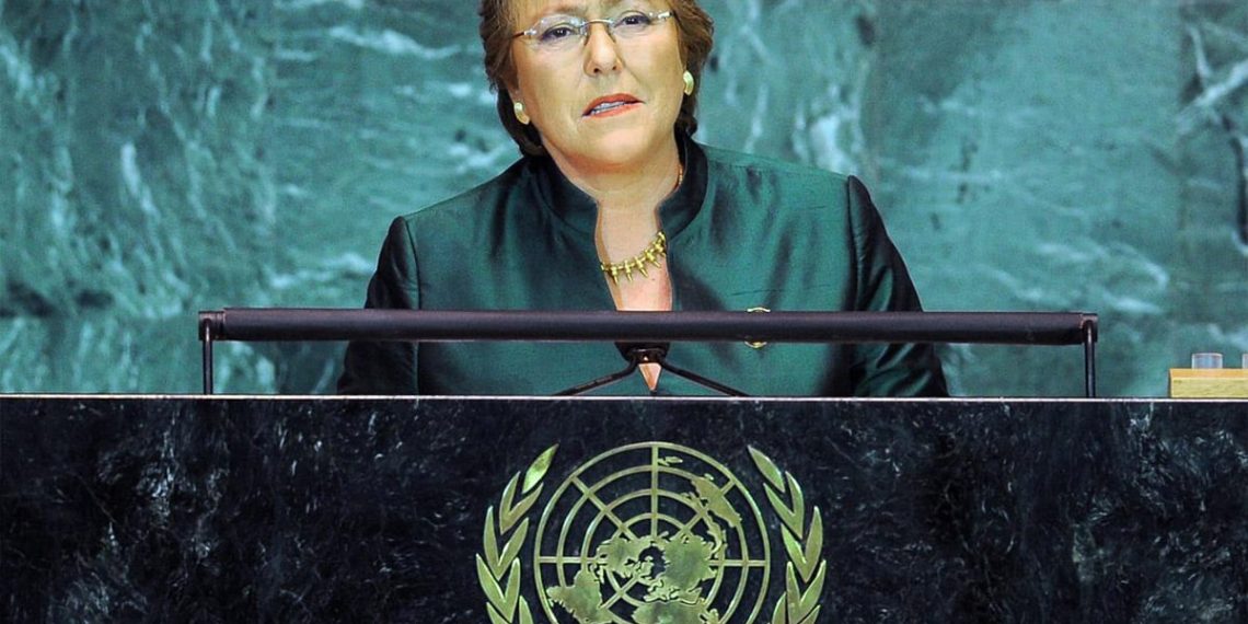 Michelle Bachelet, FNs høykommissær for menneskerettigheter, taler til FNs generalforsamling i New York. Foto: Twitter, i MEMO.