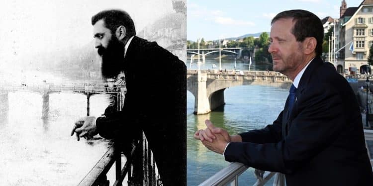Theodore Herzl  (1897)og Israels president Isaac Herzog (2022) på den samme verandaen i Basel. Foto: GPO i Jerusalem Post.