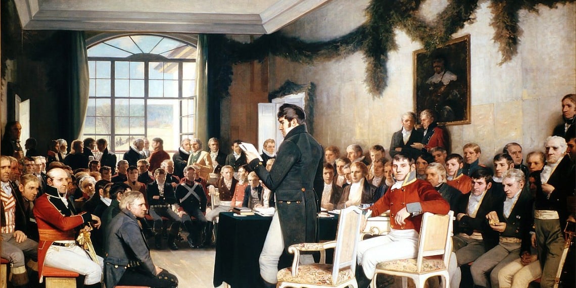 Det berømte maleriet «Eidsvold 1814» ble malt av Oscar Wergeland 70 år etter grunnlovsforsamlingen og gitt som gave til Stortinget i 1885 Wikipedia
