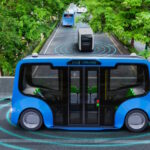 Autonomous electric shuttle bus self driving across city green