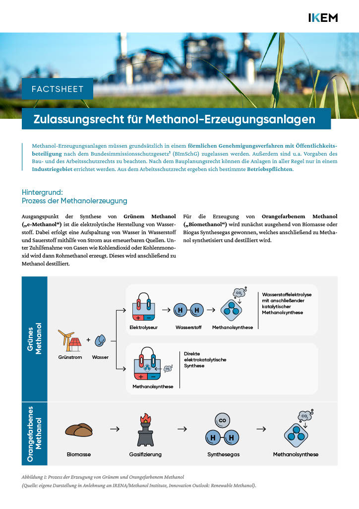 Cover des Factsheets zum Zulassungsrecht für Methanol-Erzeugungsanlagen