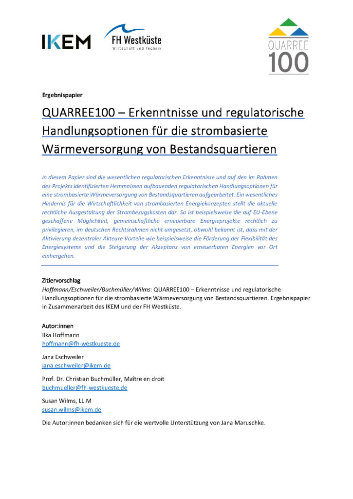 Cover des QUARREE100 Ergebnispapiers Regulatorik