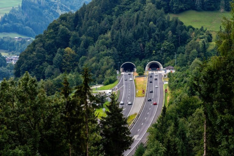 View of the mountains and the entrance to the highway tunnel