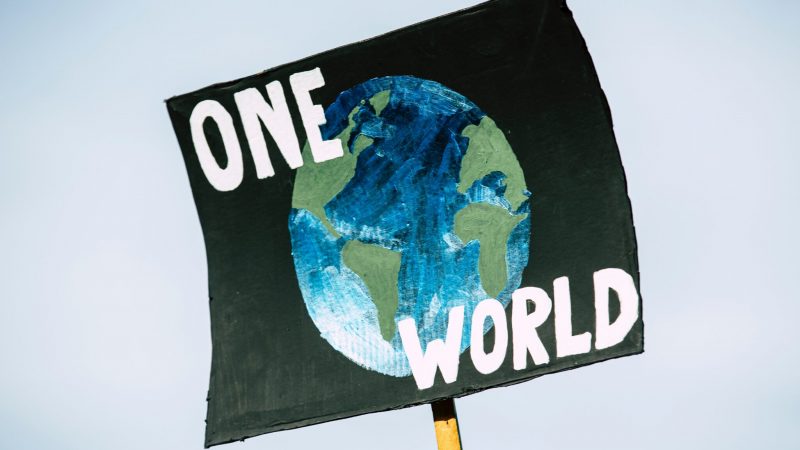 Schild auf Demo "One World"