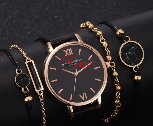 Quartz Wrist Watch 5pcs Ladies Bracelet Leather Watch