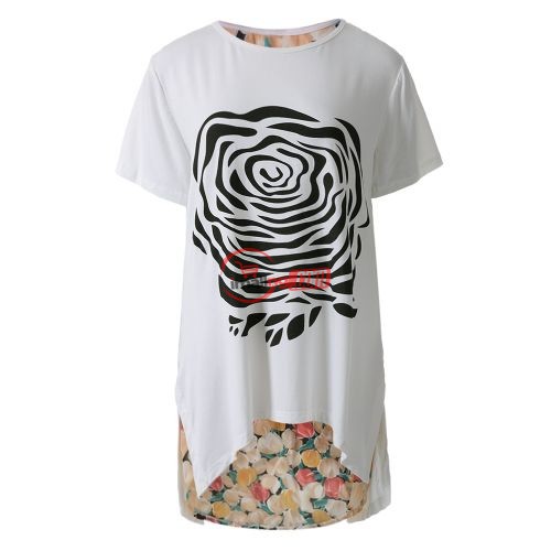 Stylish Scoop Collar Short Sleeve Floral Print Asymetrical Plus Size Women's T-Shirt-WHITE