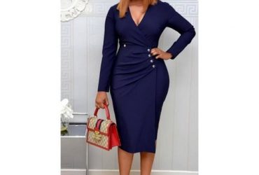 Ellaa Long Sleeve Side Button Wrap Midi Gown-Navy Blue