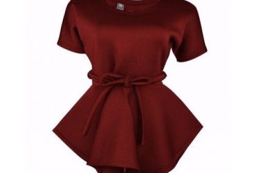 Belted Peplum Top – Batwing Sleeves – Maroon