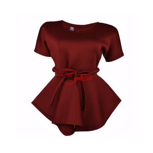 Belted Peplum Top – Batwing Sleeves – Maroon