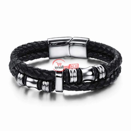 Men's Silver Pendant Leather Bracelet