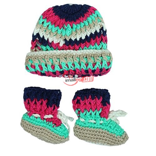 Baby Crotchet Cap And Socks Set – Grey/Green