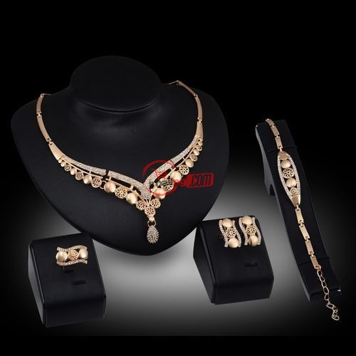 4-in-1 Earring Necklace Bracelet Gold Plated Silver Studded Jewelry Set