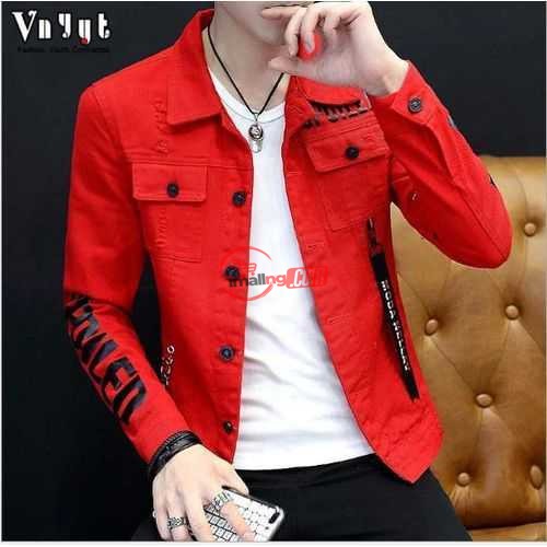 Men's Solid Color Jacket Denim Jeans Korea Version T-shirt–Red