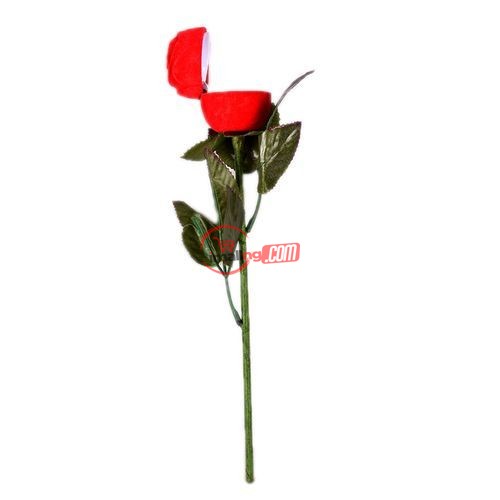 Rose Flower Proposal Ring Case With Stem Leaves -Red