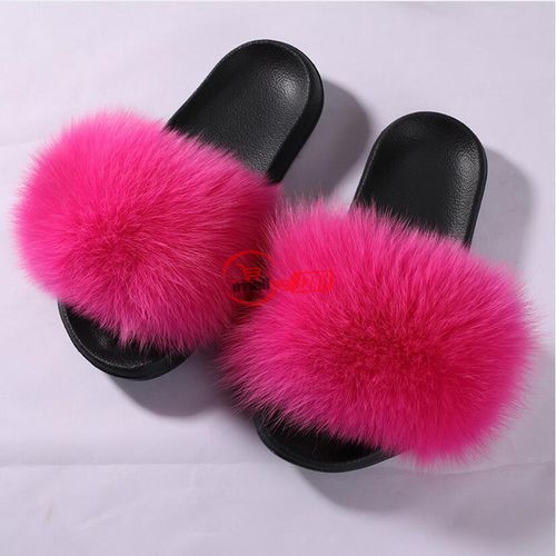 Glaforny Real Fox Fur Slippers Spring Summer Autumn Winter Slides Women Sliders Outdoor Indoor