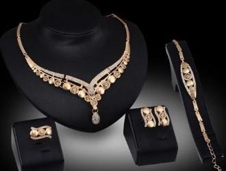 Fashion 4-in-1 Earring Necklace Bracelet Gold Plated Silver Studded Jewelry Set
