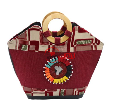 Unique Women's Red Ankara Print Beaded Wooden Handbag