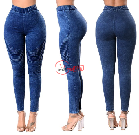 Women's High Waist Denim Trousers-Dark Blue