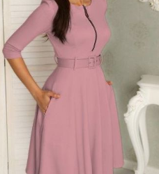 Trendy Front Zipper Skater Belted Dress -Peach