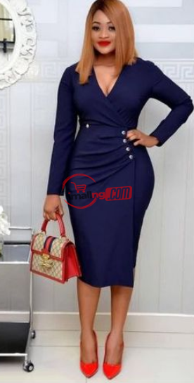 Long Sleeve Side Button Wrap Midi Gown-Navy Blue