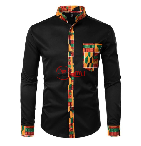 Dashiki African Mens Shirt Patchwork Pocket Africaine Print Shirt Men Ankara Style Long Sleeve Design Collar Mens Dress Shirts