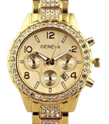 Geneva Full Steel Rhynestone Unisex Men's Ladies Wristwatch-Gold