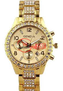 Geneva Full Steel Rhynestone Unisex Men's Ladies Wristwatch-Gold