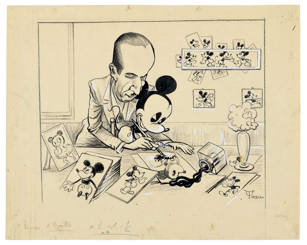  Umberto Tirelli, Studio e caricatura di Walt Disney con Topolino, inchiostro, matita e tempera su carta. Modena, Collezione privata