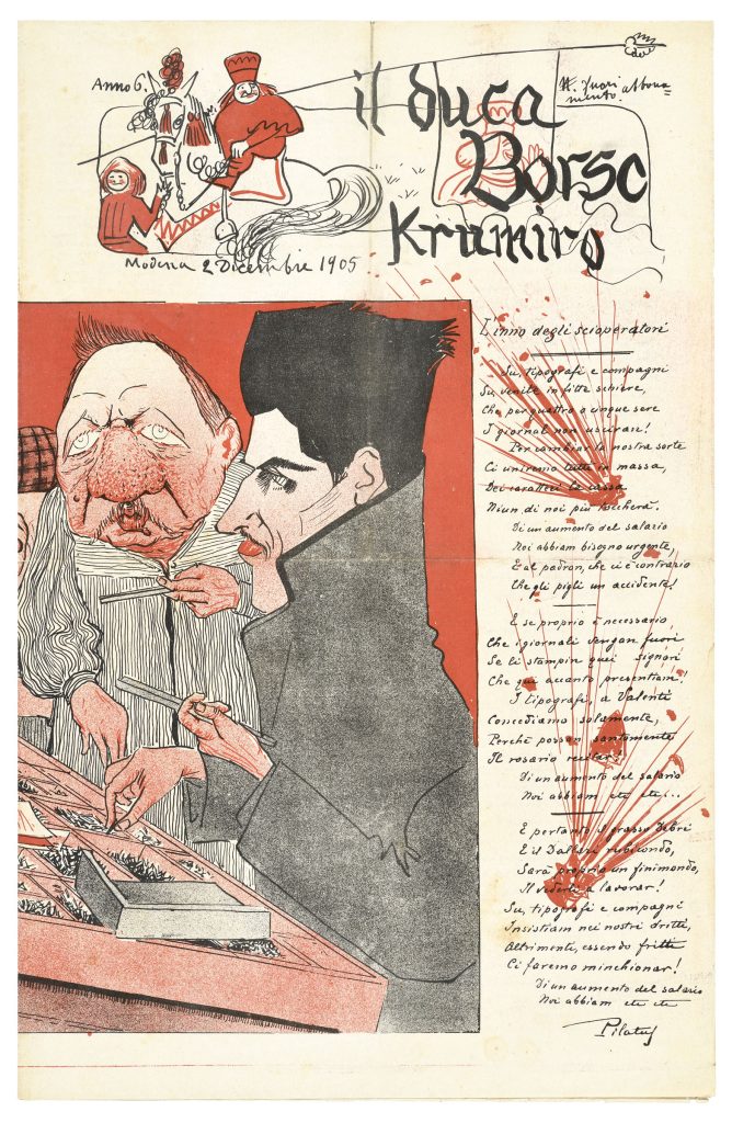 Umberto Tirelli, Disegno per la copertina di “L'inno degli scioperatori”, in «Il Duca Borso Krumiro», 2 dicembre 1905. Modena, Collezione privata