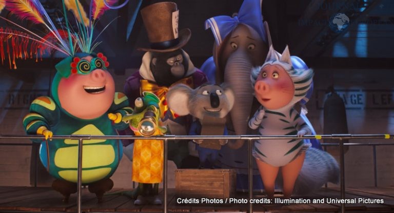 (from left) Gunter (Nick Kroll), Miss Crawly (Garth Jennings), Johnny (Taron Egerton), Buster Moon (Matthew McConaughey), Meena (Tori Kelly) and Rosita (Reese Witherspoon) in Illumination’s Sing 2, written and directed by Garth Jennings.