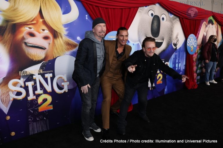 The Edge,Matthew McConaughey and Bono attend as Illumination and Universal Pictures celebrate the Premiere of SING 2 at the Greek Theater in Los Angeles, CA on Sunday, December 12, 2021(Photo: Mark Von Holden/ABImages)