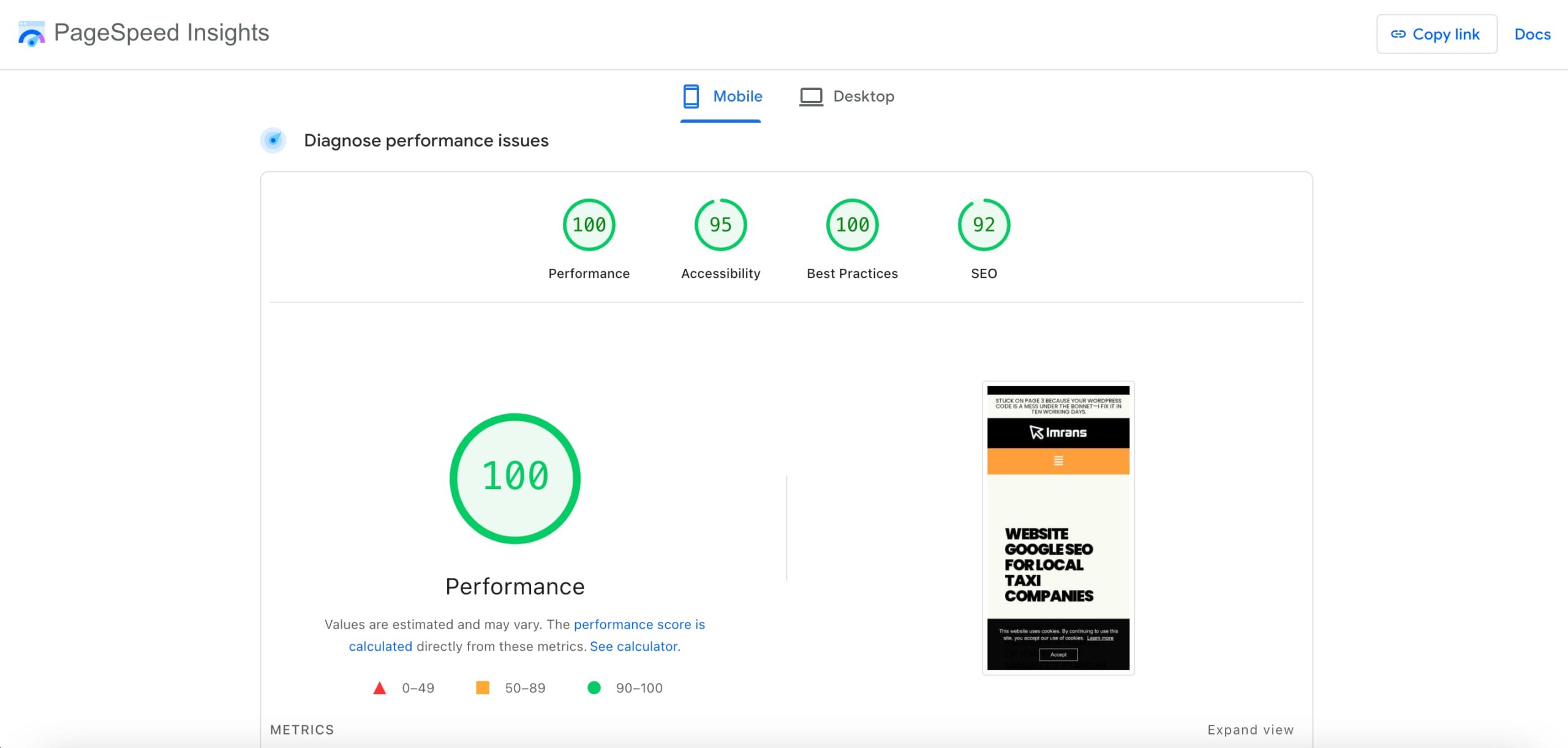 WEBSITE SPEED SCORE FOR IMRANS SEO desktop