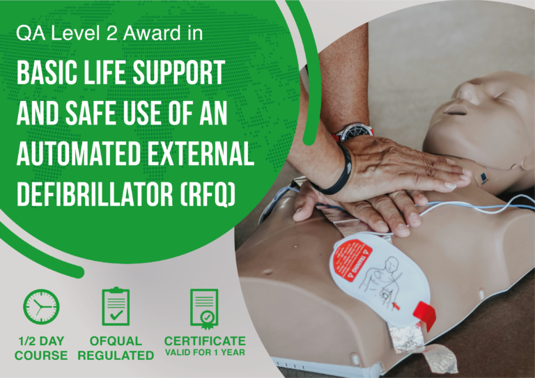 QA Level 2 Award in Basic Life Support and Safe Use of an Automated External Defibrillator (RQF) course banner at IMT Medical Training Centre