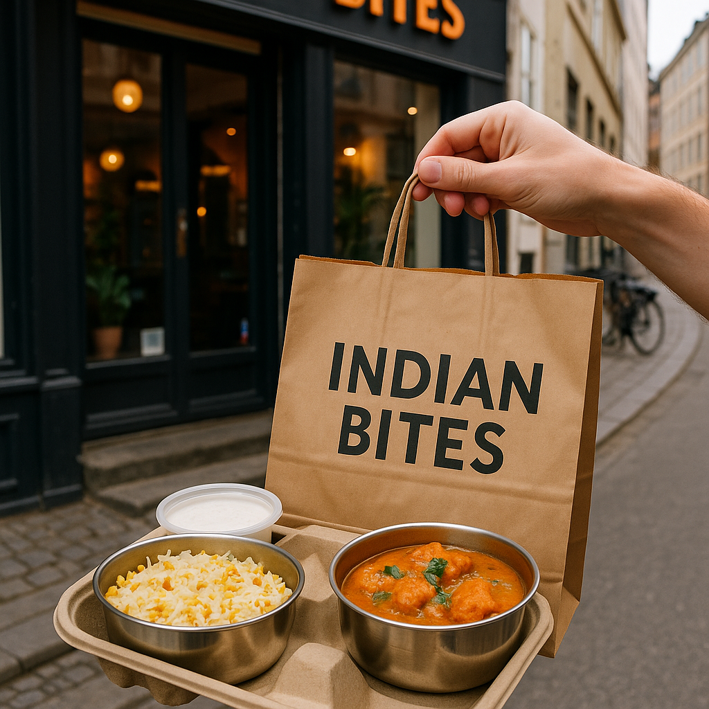Fotorealistisk billede til blogpost: takeaway i indre by – få indian bites leveret til døren – stemningsfuld og relevant til indisk mad hos Indian Bites i København