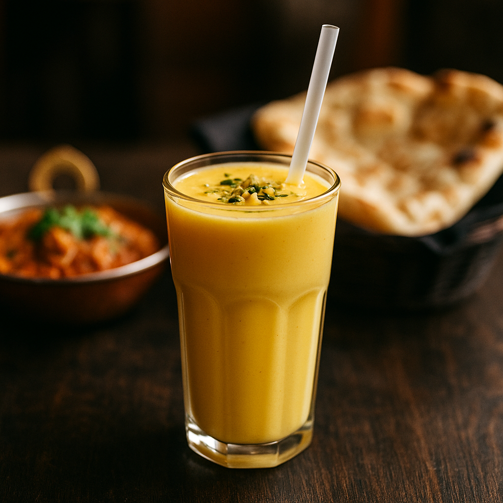 Fotorealistisk billede til blogpost: mango lassi – den søde, kølende indiske klassiker – stemningsfuld og relevant til indisk mad hos Indian Bites i København