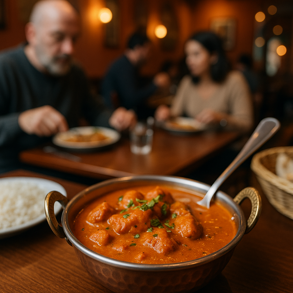 Fotorealistisk billede af halal chicken tikka masala restaurant København serveret hos Indian Bites i København – med autentisk stemning og gæster der nyder maden.