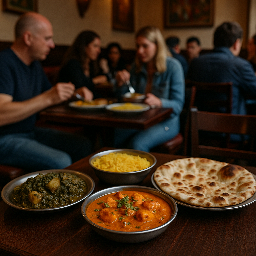 Fotorealistisk billede af vegetarisk punjabi mad København serveret hos Indian Bites i København – med autentisk stemning og gæster der nyder maden.