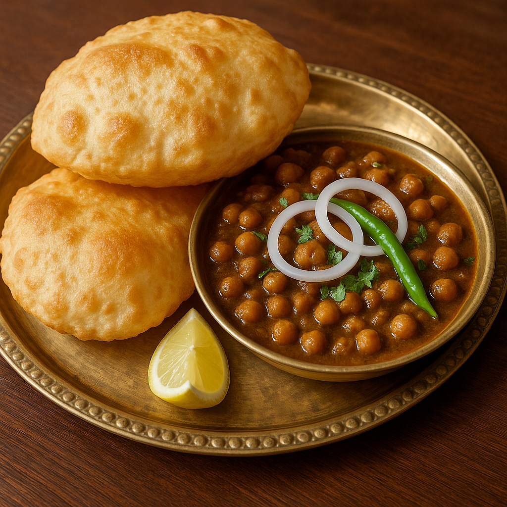 Fotorealistisk billede af cholle bhature – kikærtecurry og puffet brød – serveret i messingfad hos Indian Bites.