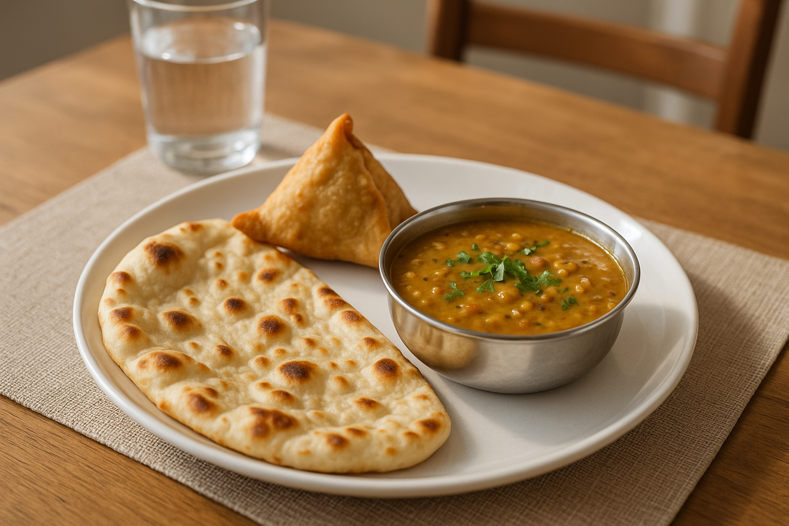 Photorealistic image of a light Indian lunch plate, including dal curry with naan and a samosa, served in daylight on a dining table.