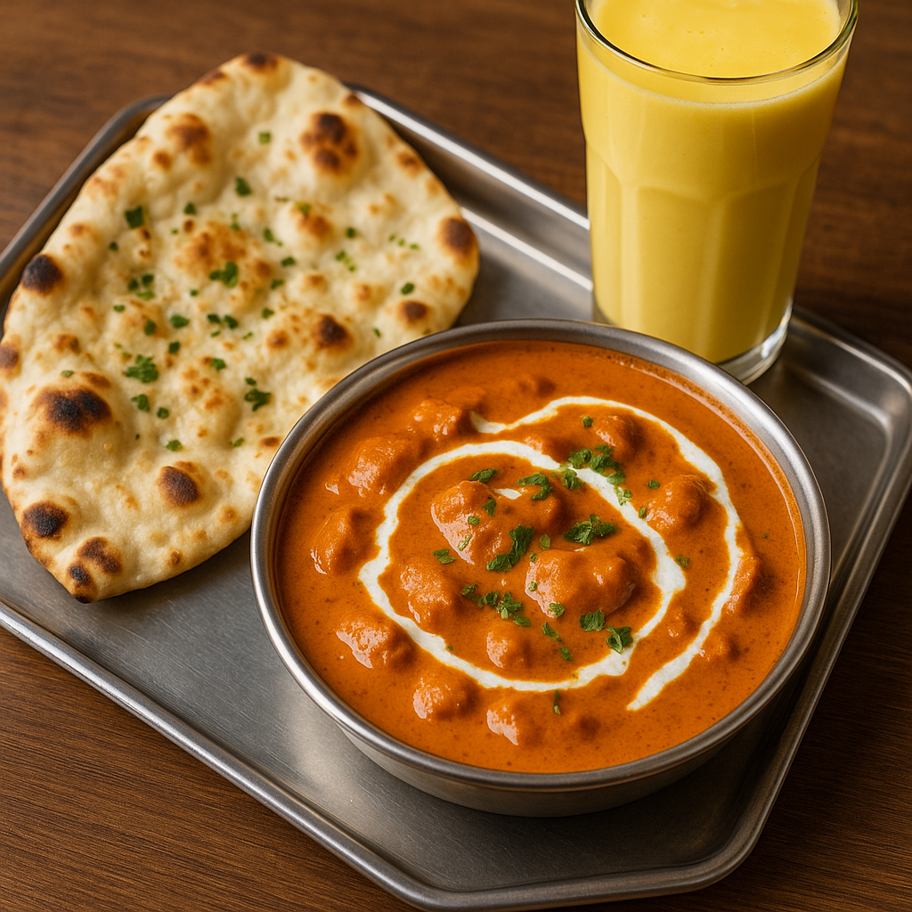 Fotorealistisk billede af en butter chicken combo med naan og mango lassi anrettet smukt på bakke hos Indian Bites i København.