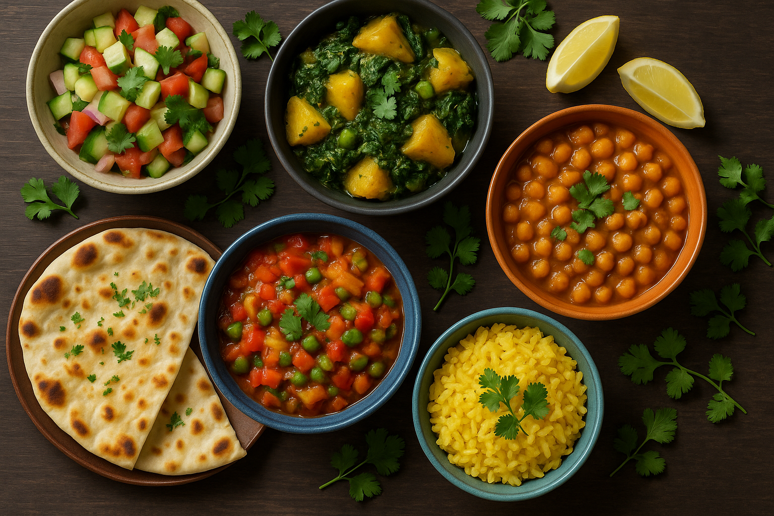 Photorealistic image of colorful vegetarian Indian dishes served with fresh herbs and naan at Indian Bites.