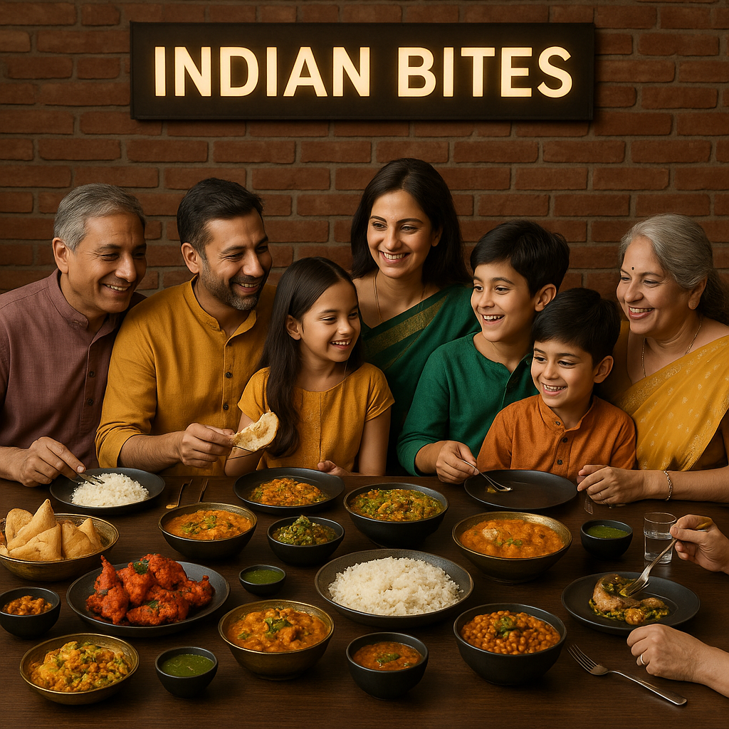 Fotorealistisk billede af en stor familie der deler indiske retter omkring et stort bord hos Indian Bites.
