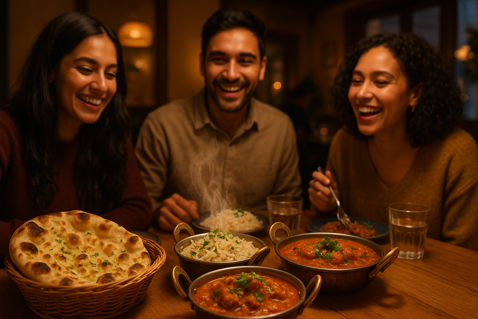 Photorealistic image of Indian Bites in Copenhagen with warm lighting, steaming dishes, fresh naan, happy guests and cosy vibes that make you hungry.