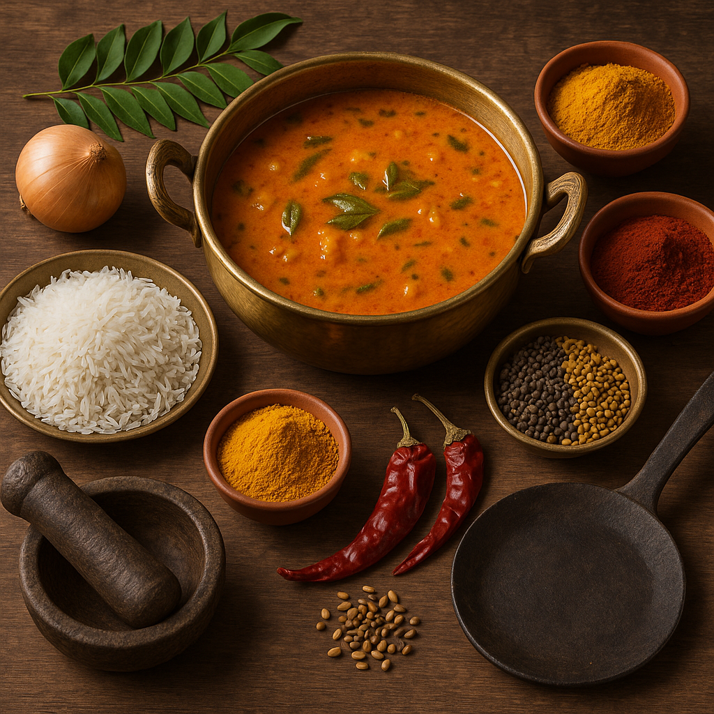 Fotorealistisk billede af traditionelle indiske madlavningsredskaber og ingredienser arrangeret kulturelt hos Indian Bites.