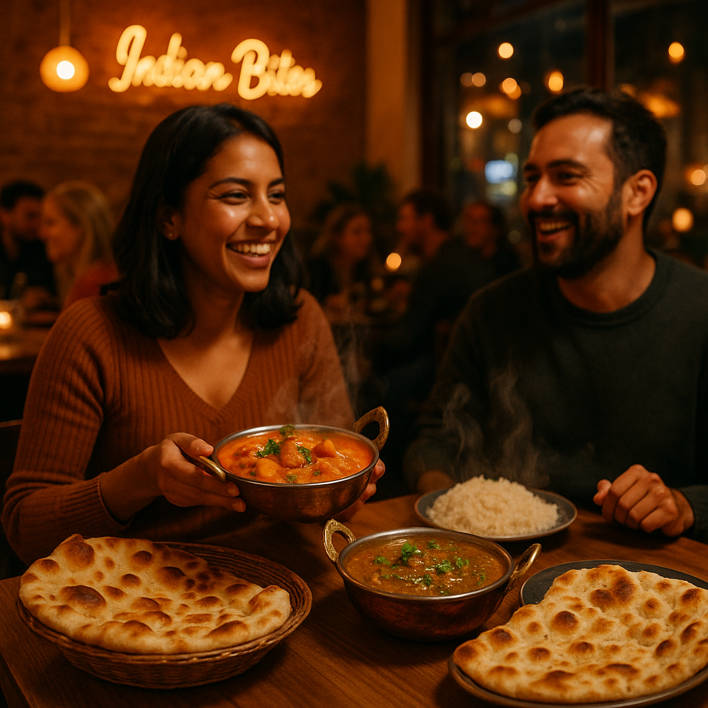 Fotorealistisk billede af indisk mad og stemning hos Indian Bites i København – varme farver, dampende retter, blød belysning, glade gæster og friskbagt naan.