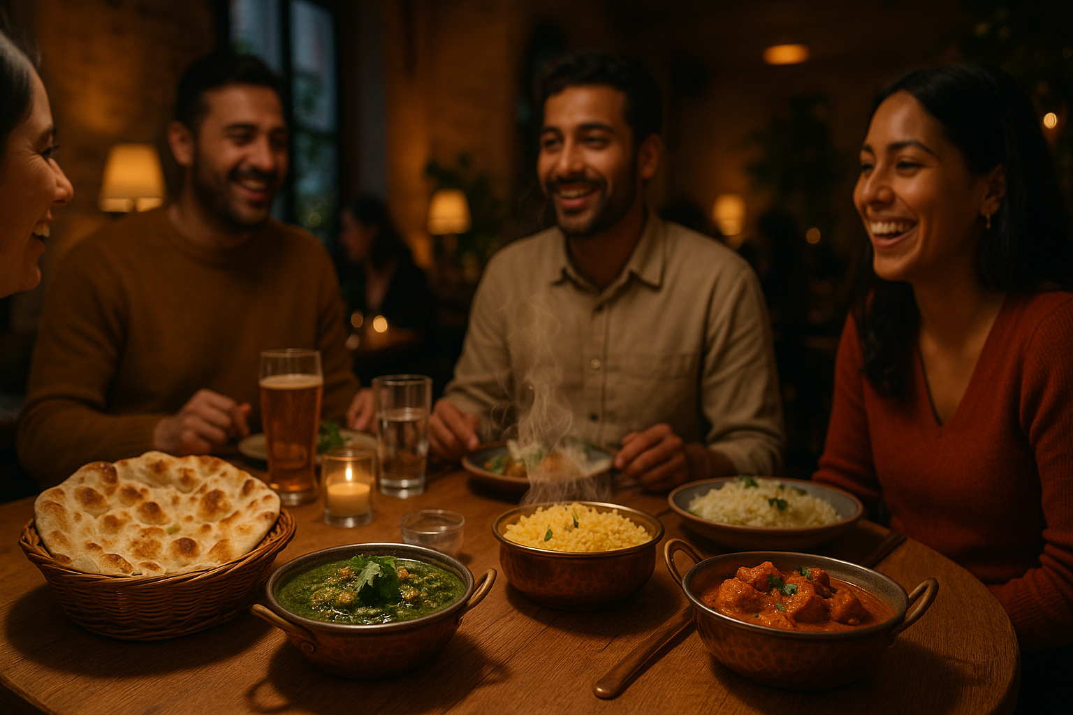 Photorealistic image of Indian Bites in Copenhagen with warm lighting, steaming dishes, fresh naan, happy guests and cosy vibes that make you hungry.