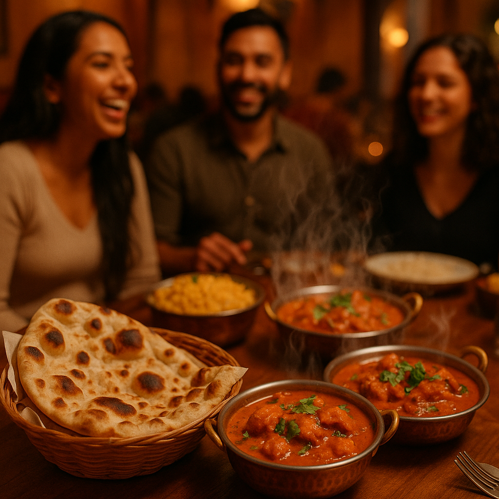 Fotorealistisk billede af indisk mad og stemning hos Indian Bites i København – varme farver, dampende retter, blød belysning, glade gæster og friskbagt naan.
