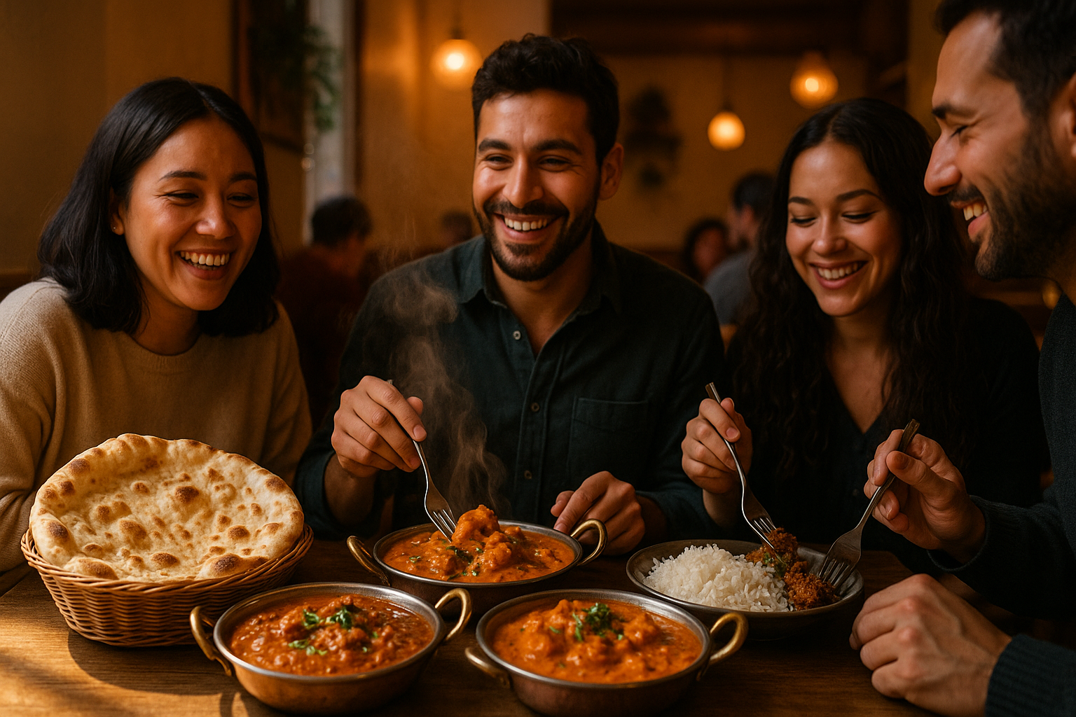 Photorealistic image of Indian Bites in Copenhagen with warm lighting, steaming dishes, fresh naan, happy guests and cosy vibes that make you hungry.